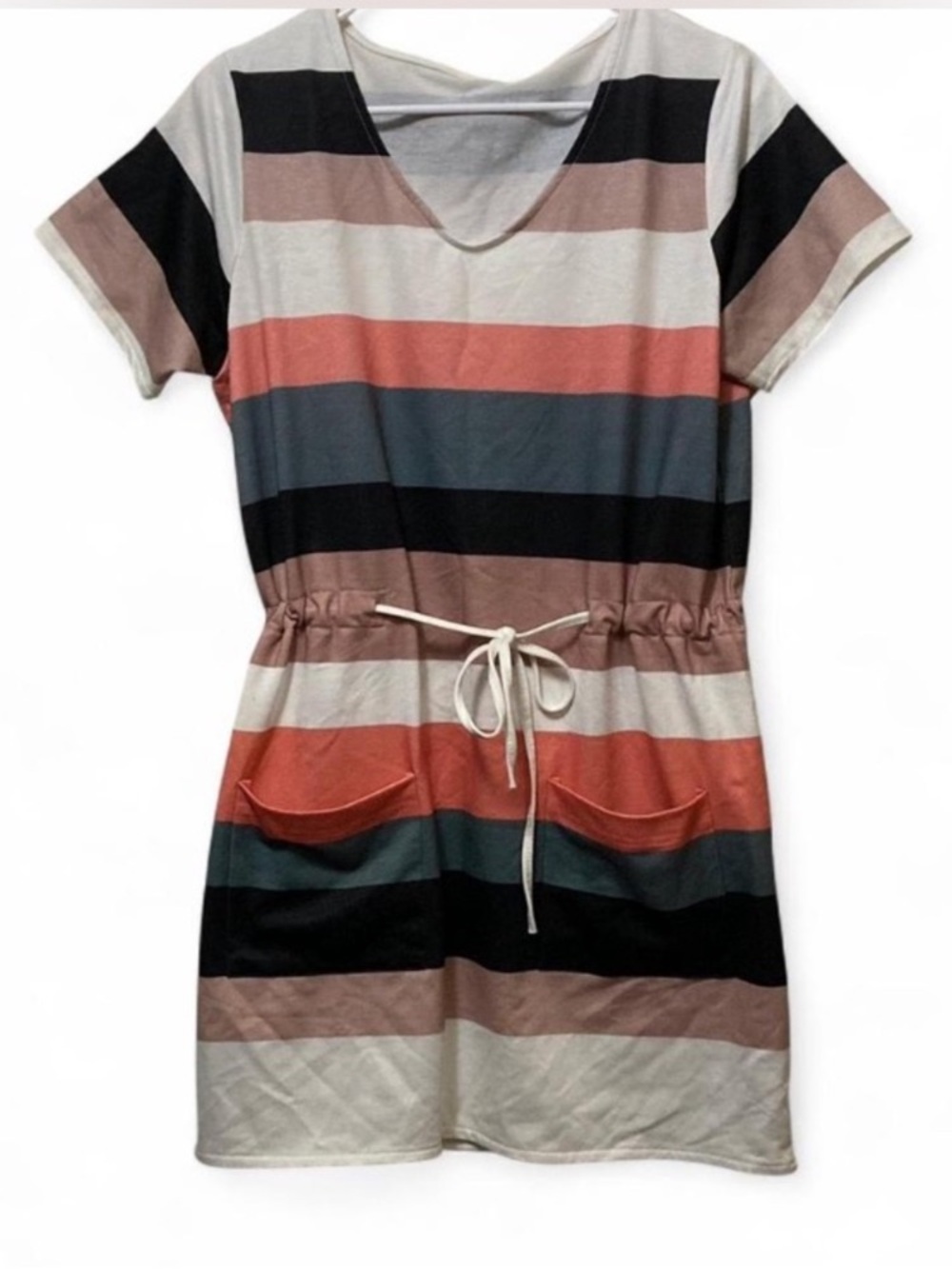 Striped Short Sleeve Drawstring Waist Dress in Multicolor